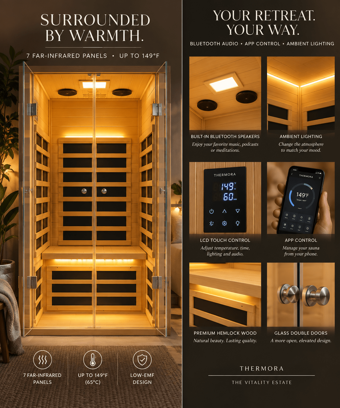 1-Person Low-EMF Hemlock Infrared Sauna with Glass Double Doors - The Vitality Estate