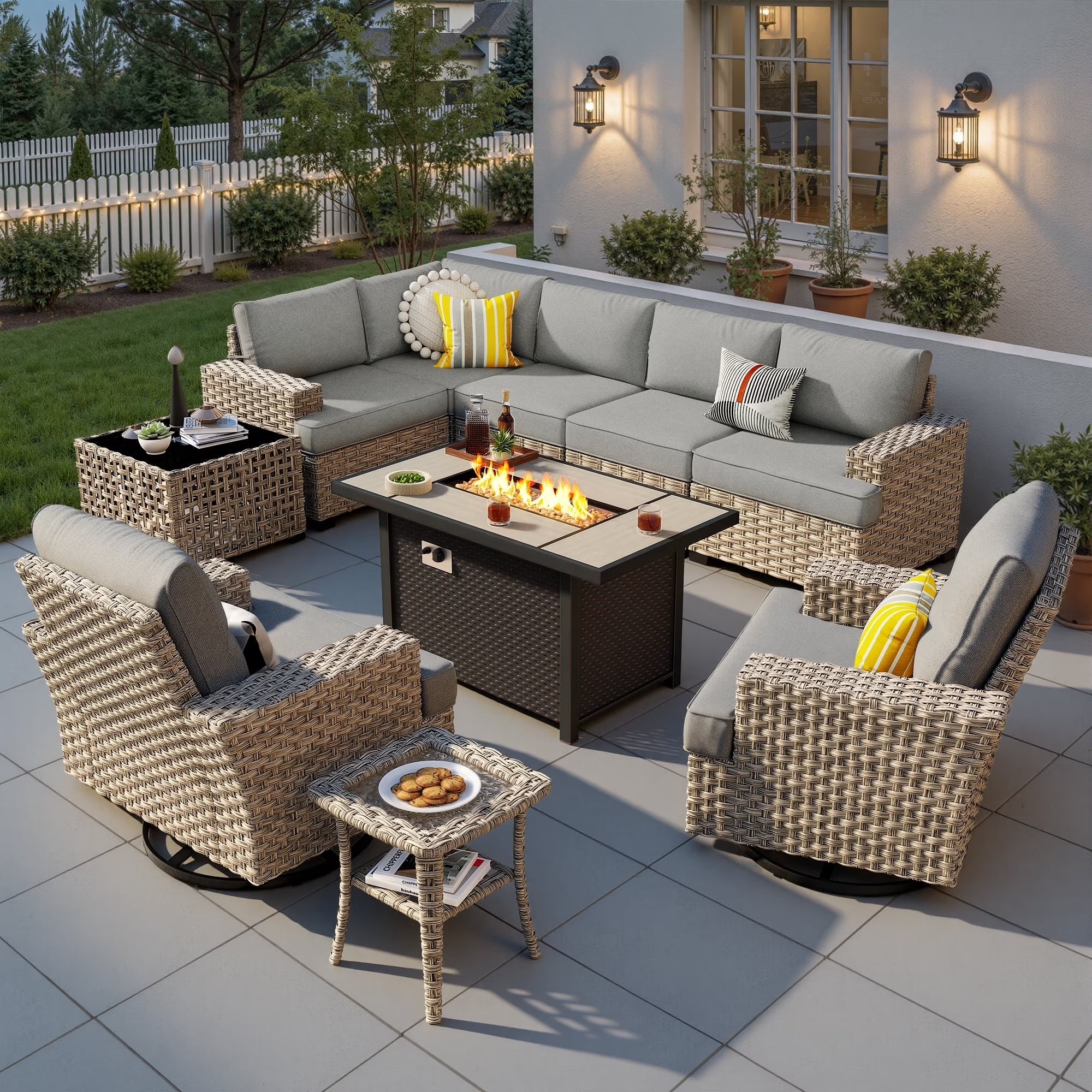 10 Pieces Outdoor Patio Furniture Set with Fire Pit All-Weather Wicker Sectional with Swivel Chairs, Dark Gray - The Vitality Estate