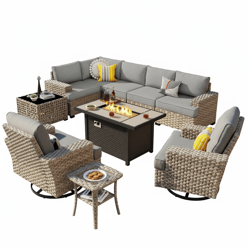 10 Pieces Outdoor Patio Furniture Set with Fire Pit All-Weather Wicker Sectional with Swivel Chairs, Dark Gray - The Vitality Estate