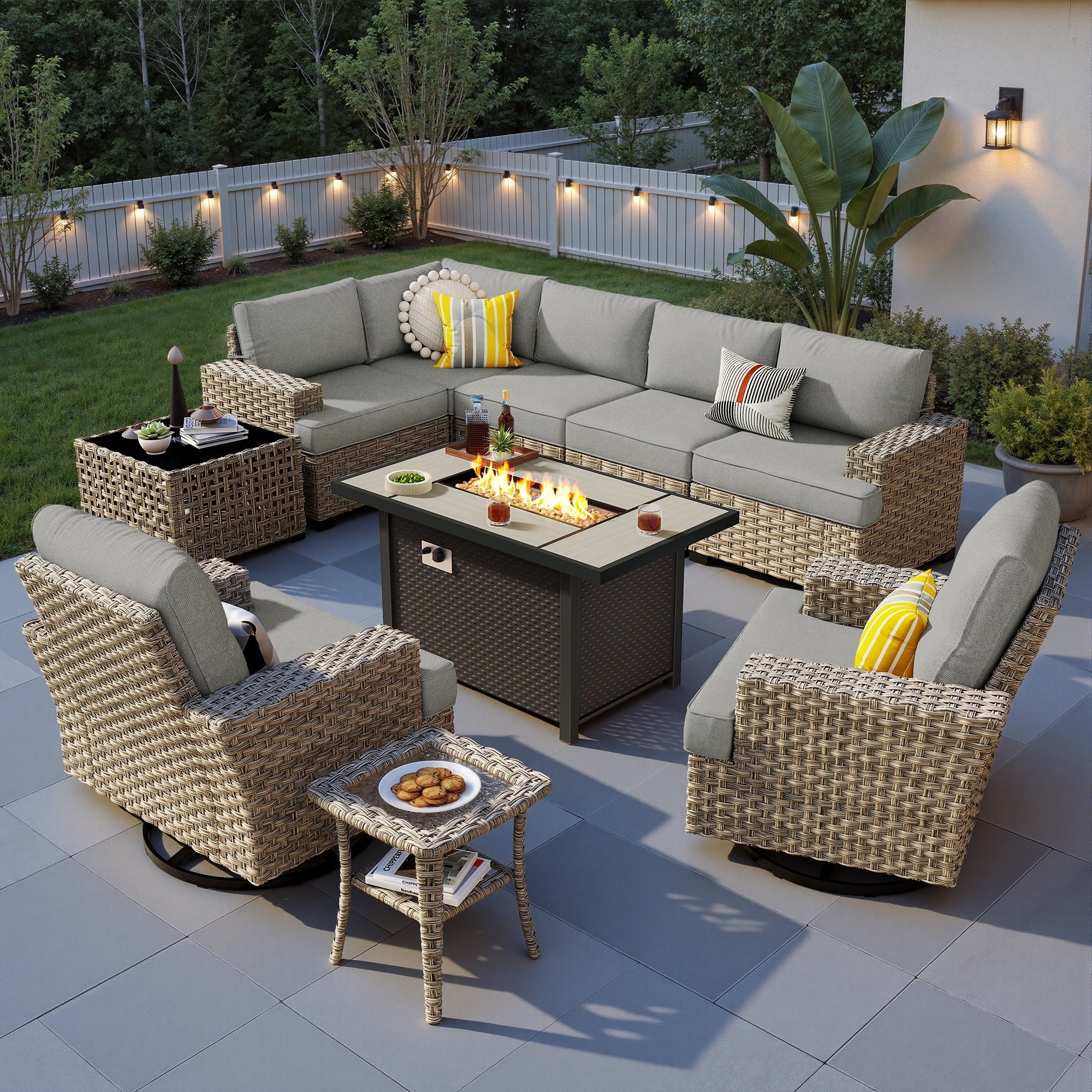 10 Pieces Outdoor Patio Furniture Set with Fire Pit All-Weather Wicker Sectional with Swivel Chairs, Dark Gray - The Vitality Estate