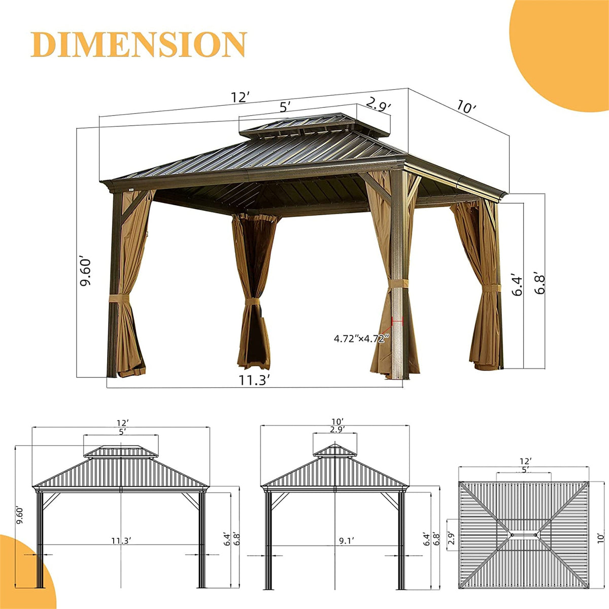 10' x 12' Hardtop Aluminum Gazebo with Double Canopy - The Vitality Estate