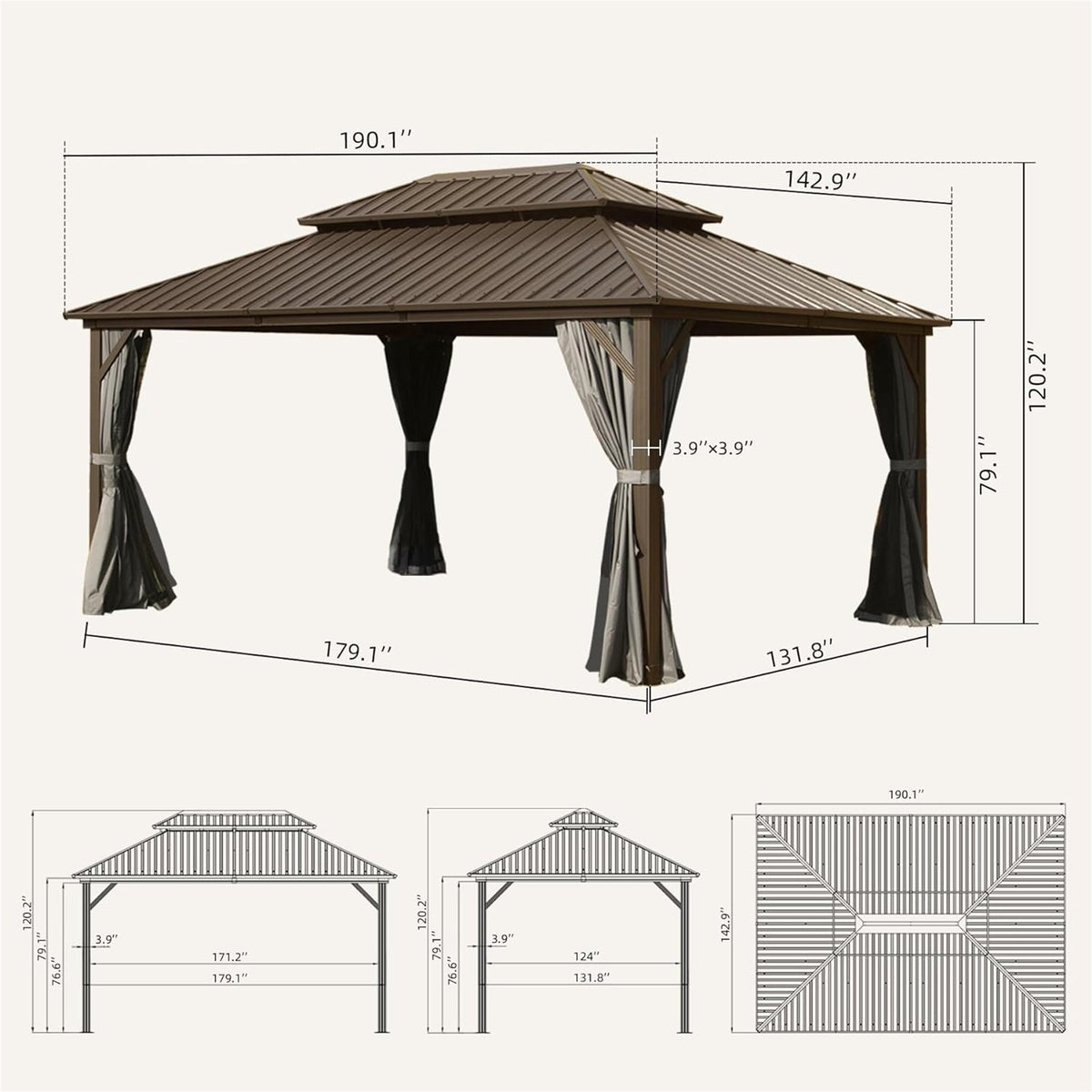 12' x 16' Hardtop Aluminum Gazebo with Double Roof Canopy - The Vitality Estate