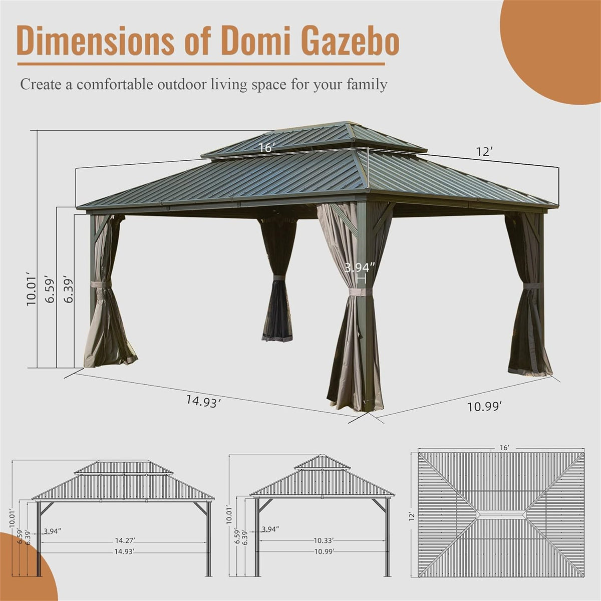 12' x 16' Hardtop Gazebo with Aluminum Frame and Double Roof - The Vitality Estate