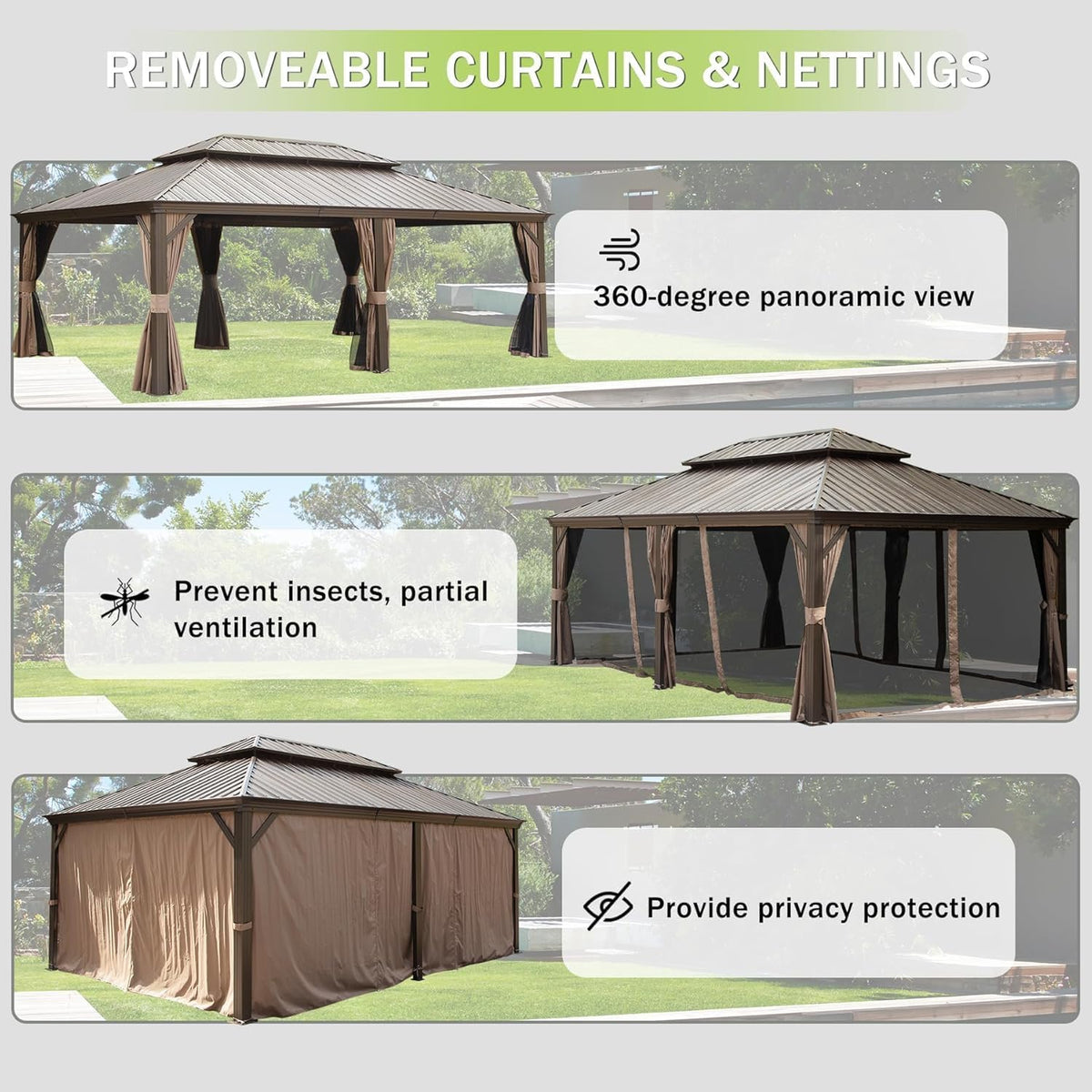 12x24FT Outdoor Gazebo with Galvanized Steel Double Roof - The Vitality Estate