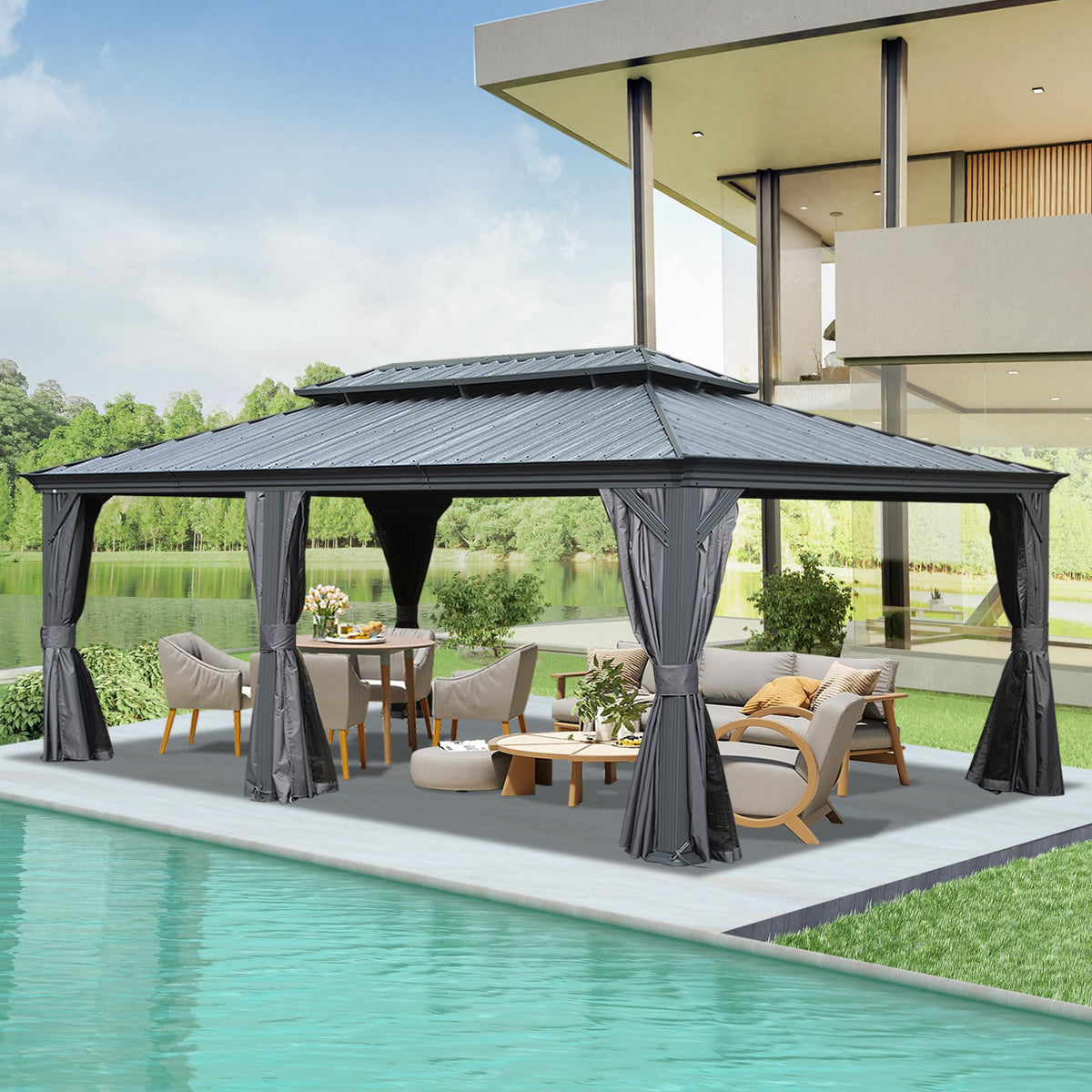14' x 22' Hardtop Gazebo with Dual-Layer Galvanized Steel Roof - The Vitality Estate