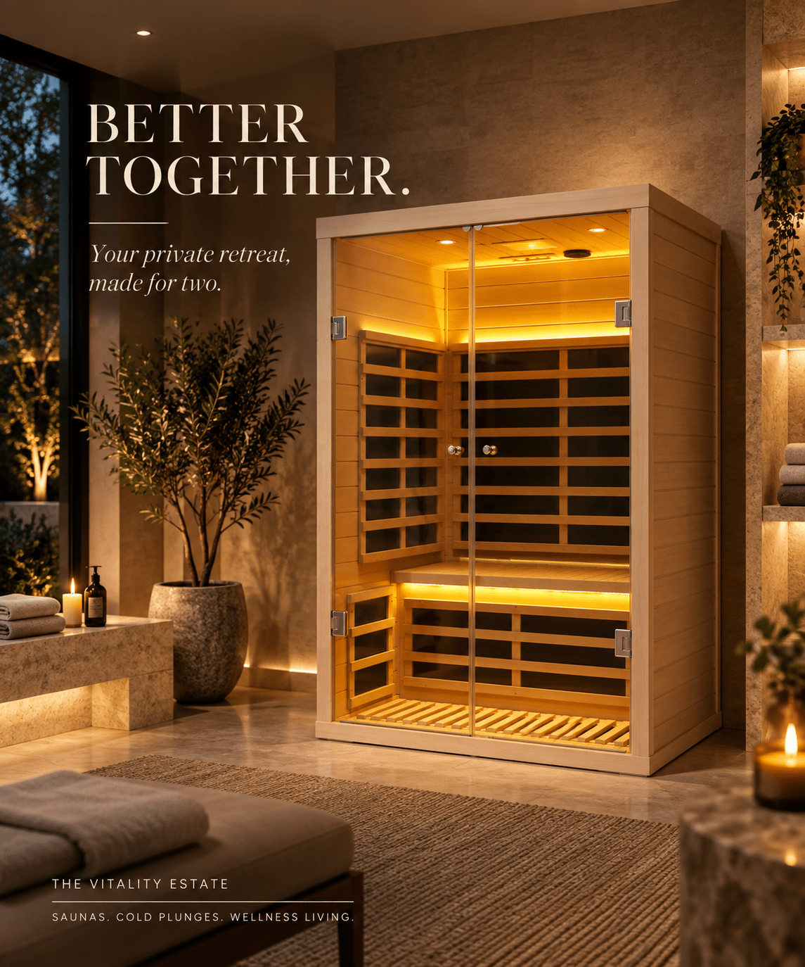 2-Person Low-EMF Hemlock Infrared Sauna with Glass Double Doors - The Vitality Estate