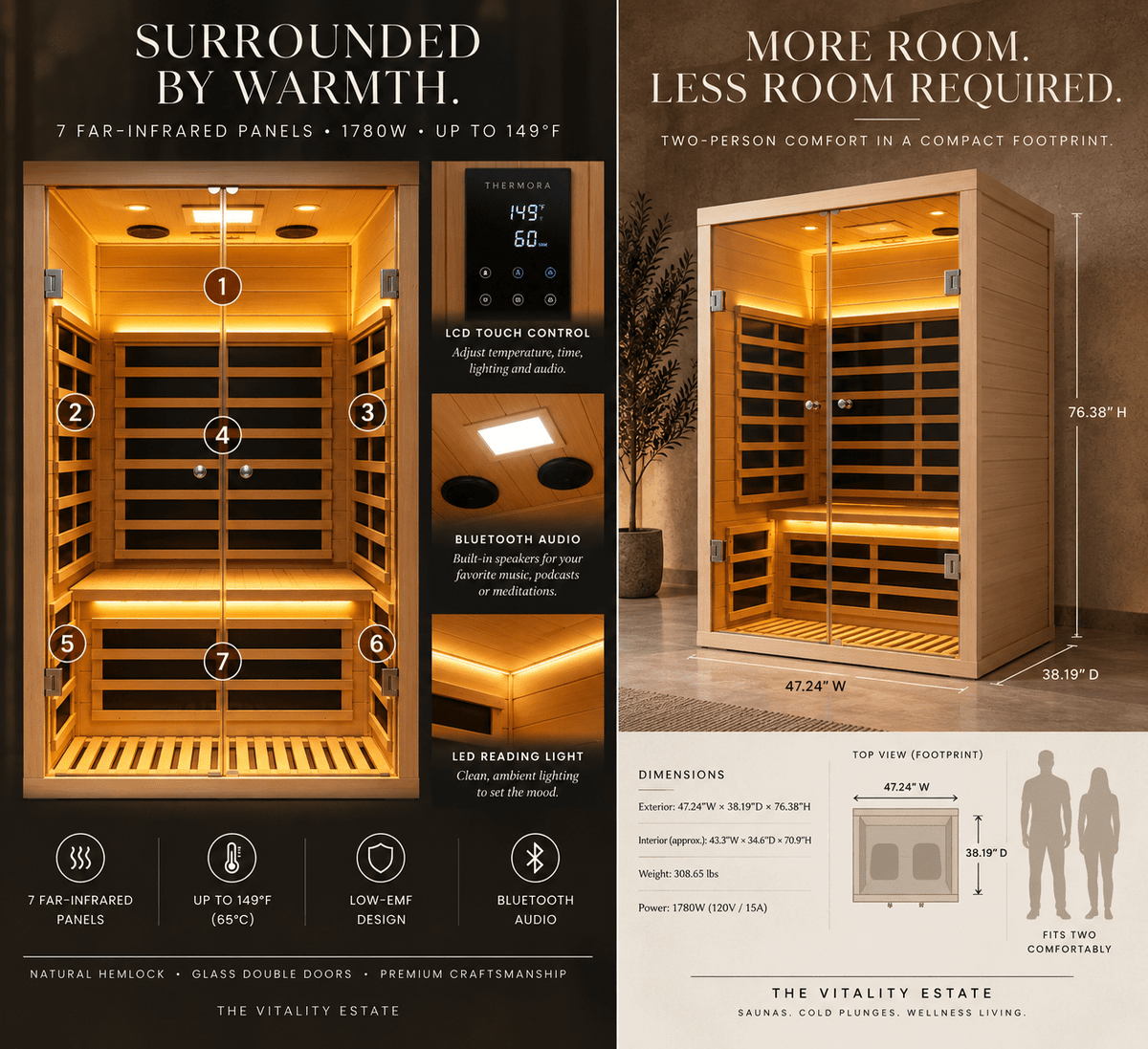 2-Person Low-EMF Hemlock Infrared Sauna with Glass Double Doors - The Vitality Estate