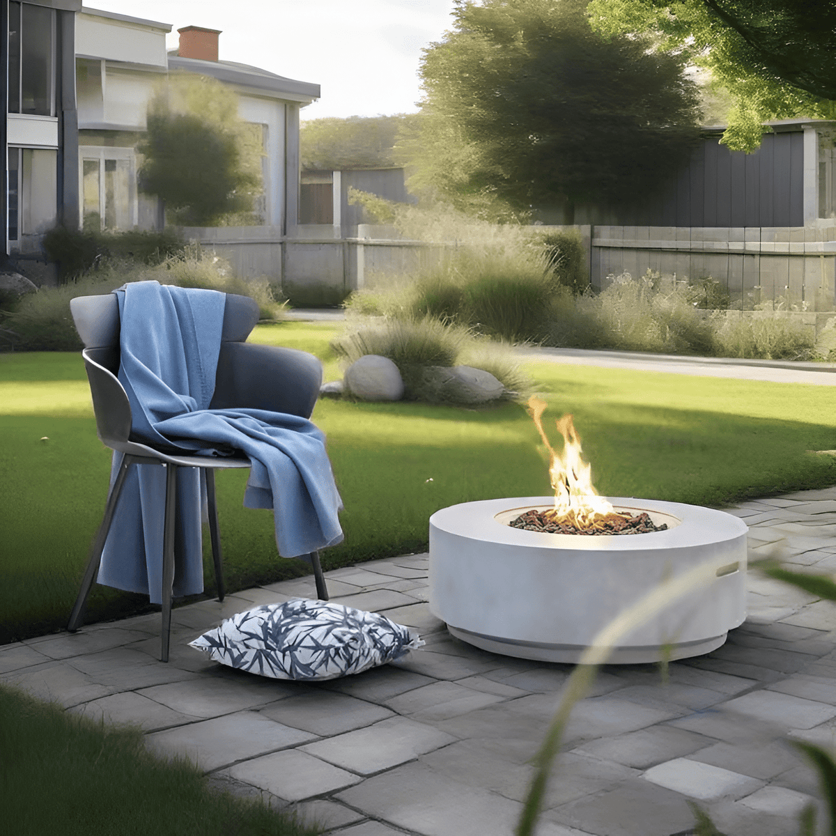 30" Propane Fire Pit Table, 50000 BTU round Concrete Fire Pit for Outdoor Patio Deck Garden Yard - Light Gray - The Vitality Estate