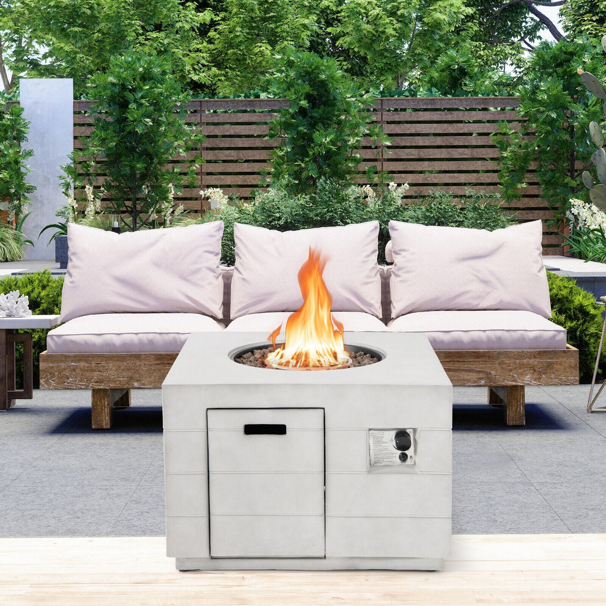34 Inch Square Concrete Propane Fire Pit Table with Lava Rocks and Cover 50 000 BTU-Gray - The Vitality Estate