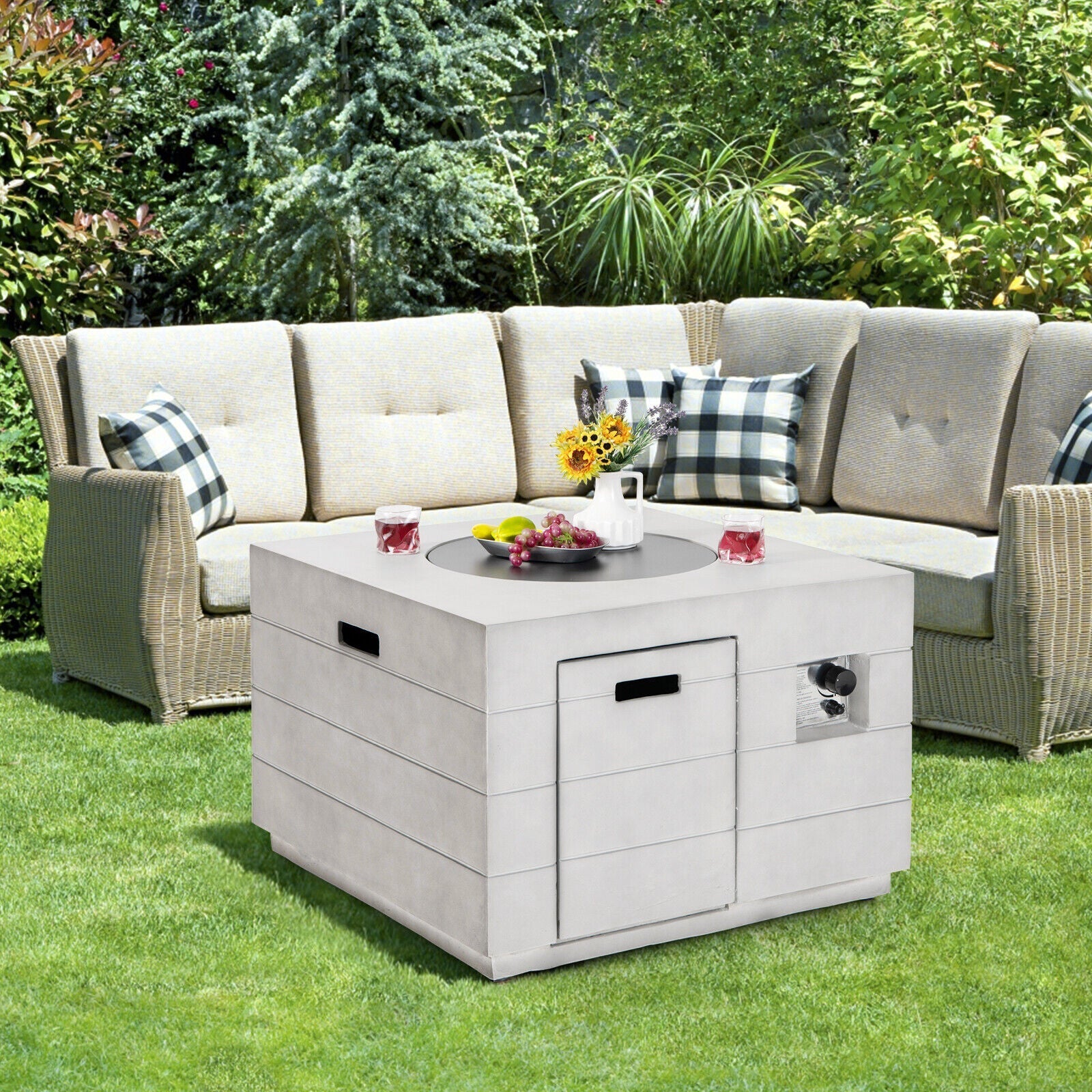 34 Inch Square Concrete Propane Fire Pit Table with Lava Rocks and Cover 50 000 BTU-Gray - The Vitality Estate