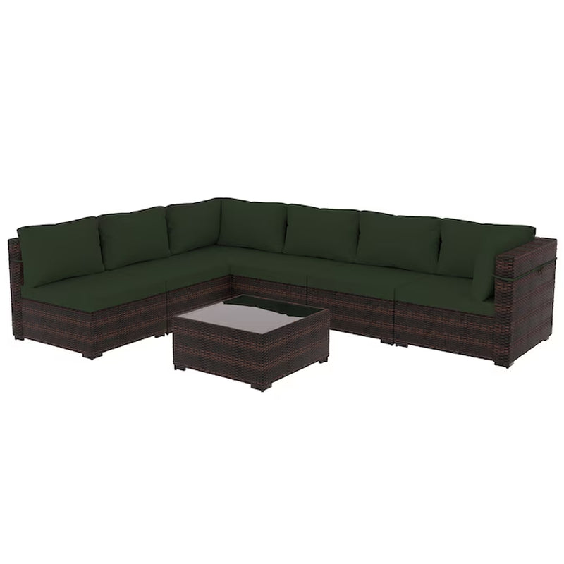 7 -Piece Rattan Patio Conversation Set with Green Cushions