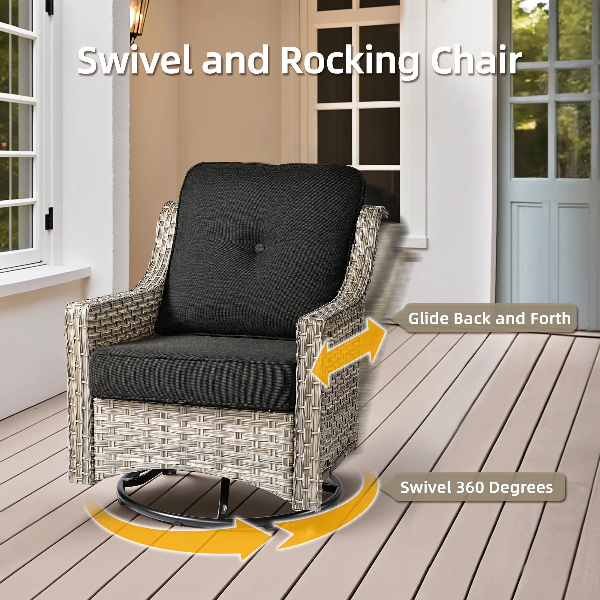 5 Pieces Outdoor Patio Furniture Set High-Back Rattan Wicker Conversation Set Outdoor Sectional with Swivel Chairs & Solar Light Coffee Table, Black - The Vitality Estate