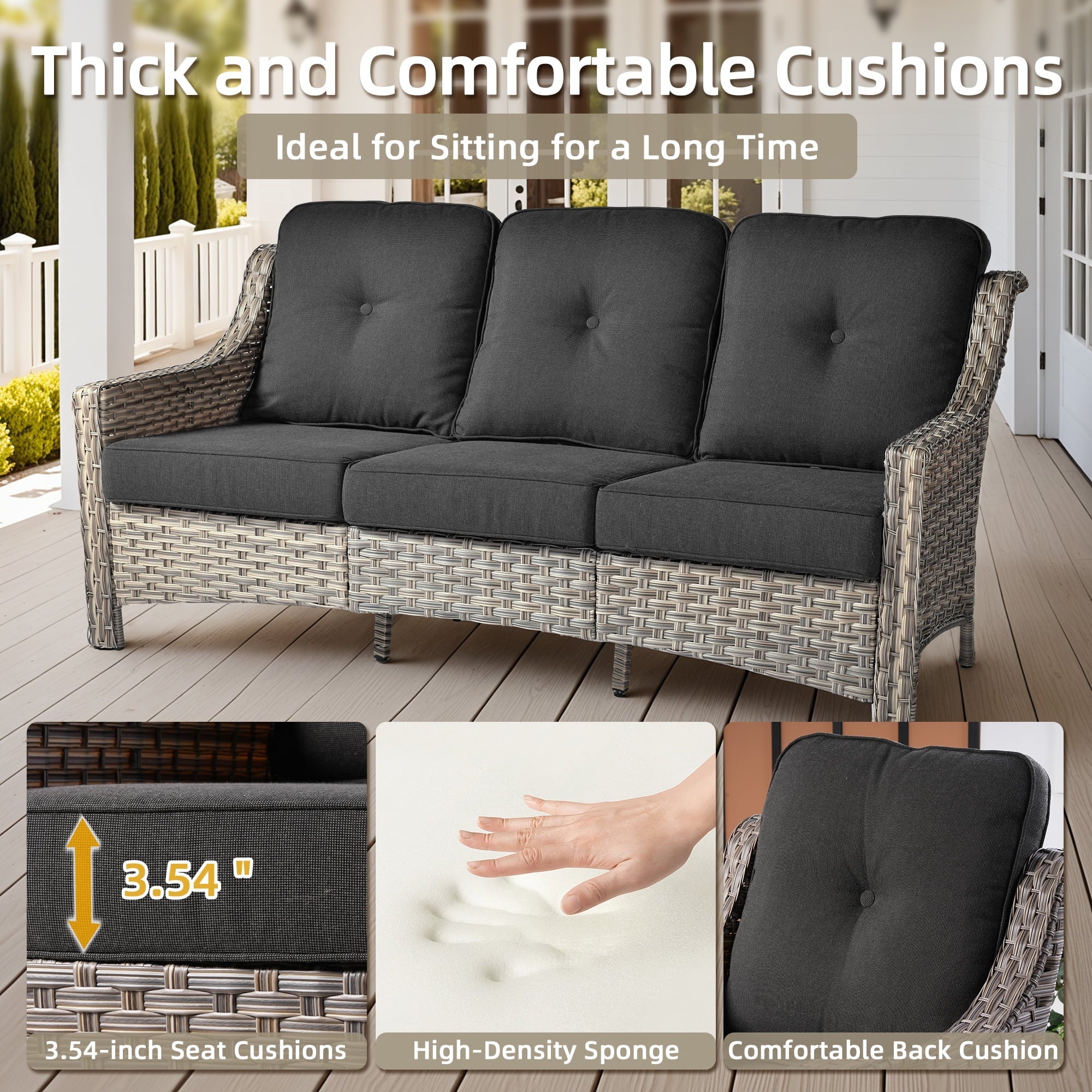 5 Pieces Outdoor Patio Furniture Set High-Back Rattan Wicker Conversation Set Outdoor Sectional with Swivel Chairs & Solar Light Coffee Table, Black - The Vitality Estate