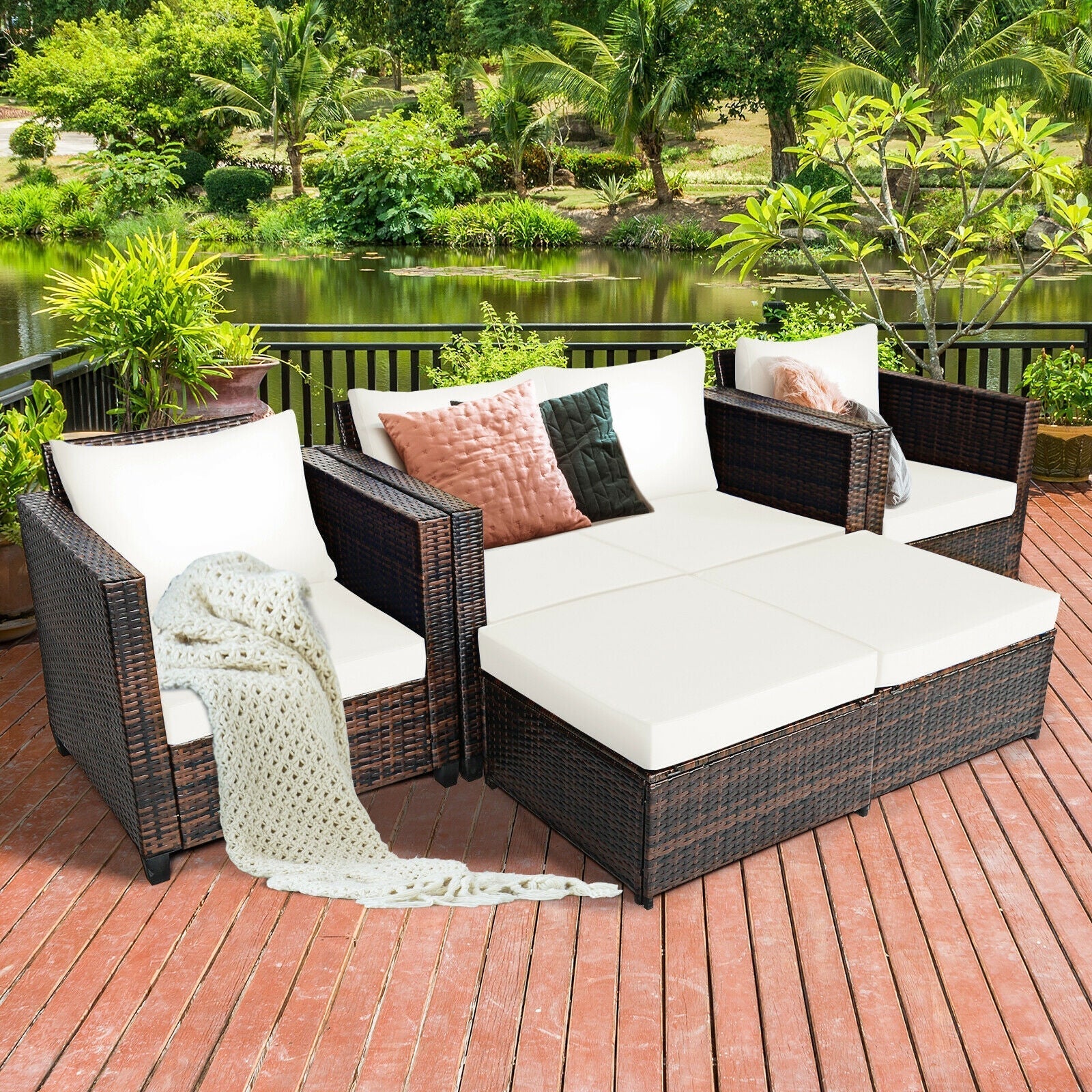 5 Pieces Patio Cushioned Rattan Furniture Set-White - The Vitality Estate