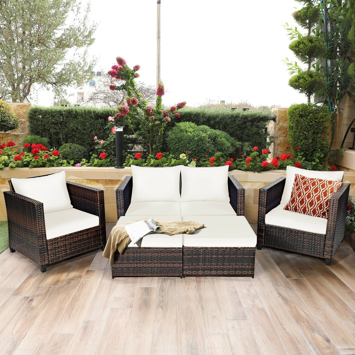 5 Pieces Patio Cushioned Rattan Furniture Set-White - The Vitality Estate