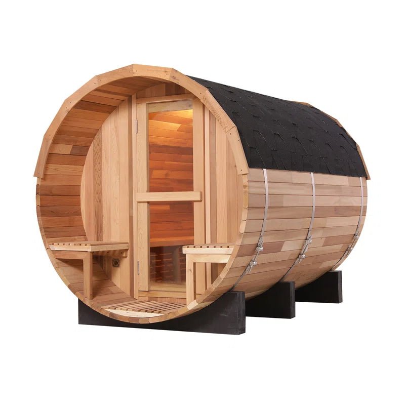 6-Person Patchworkred Cedar Traditional Steam Barrel Sauna - The Vitality Estate