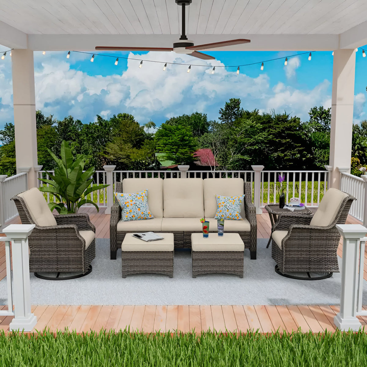 6-Pieces Wicker Outdoor Patio Furniture Set Rattan Chair Wicker Set with Beige Cushion - The Vitality Estate