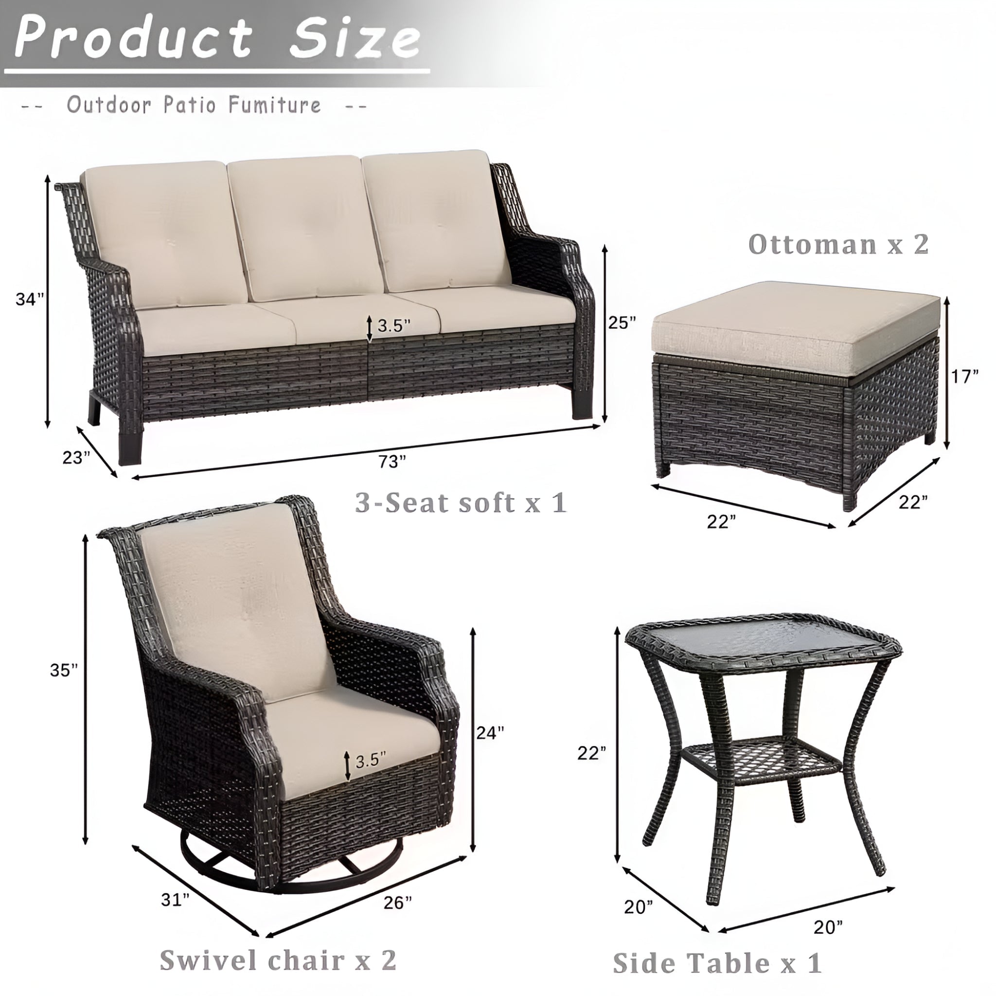 6-Pieces Wicker Outdoor Patio Furniture Set Rattan Chair Wicker Set with Beige Cushion - The Vitality Estate