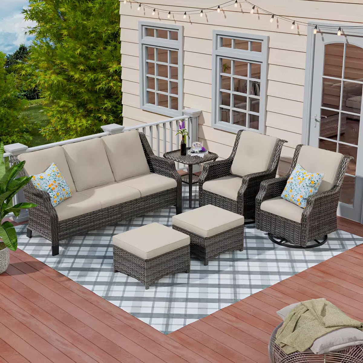 6-Pieces Wicker Outdoor Patio Furniture Set Rattan Chair Wicker Set with Beige Cushion - The Vitality Estate