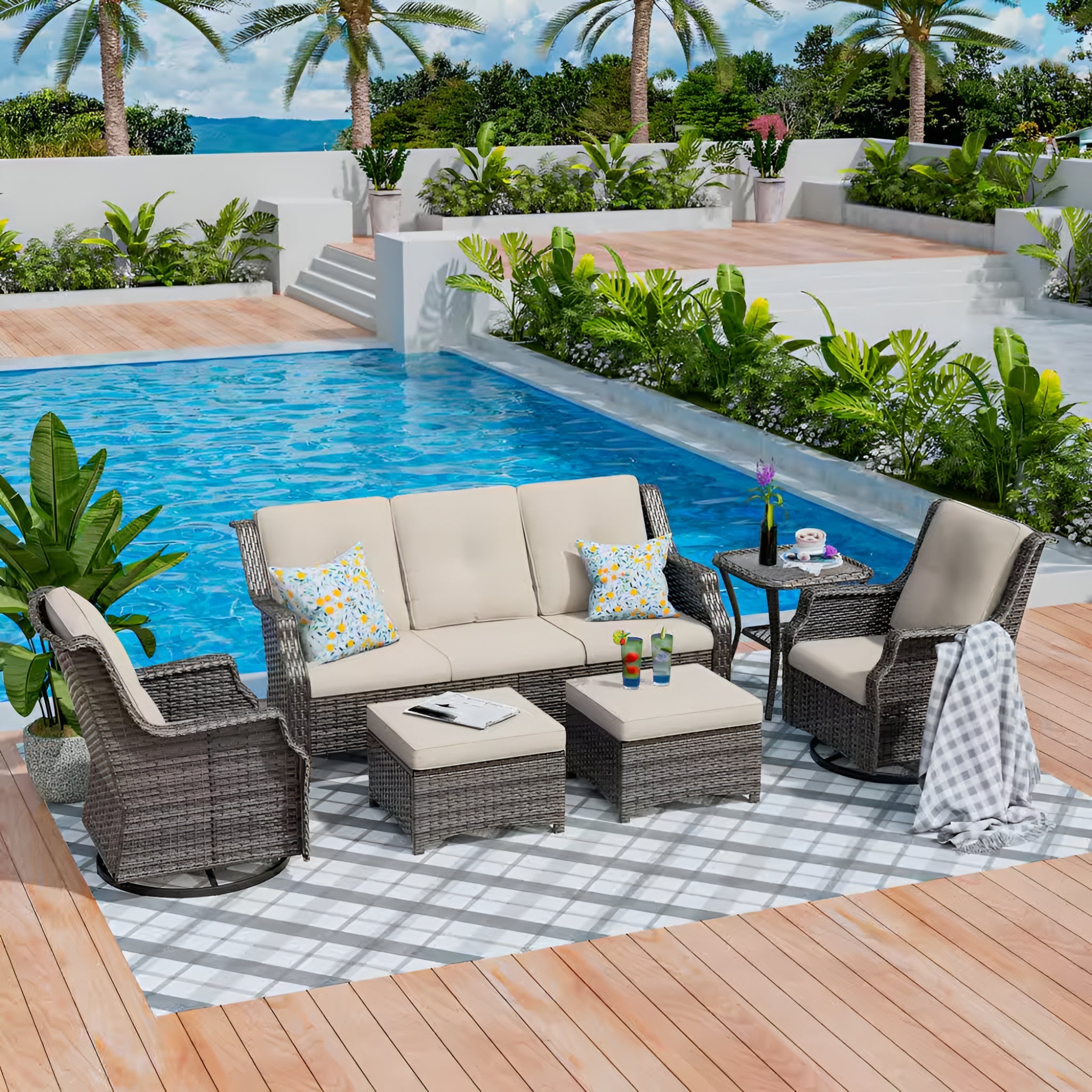 6-Pieces Wicker Outdoor Patio Furniture Set Rattan Chair Wicker Set with Beige Cushion - The Vitality Estate