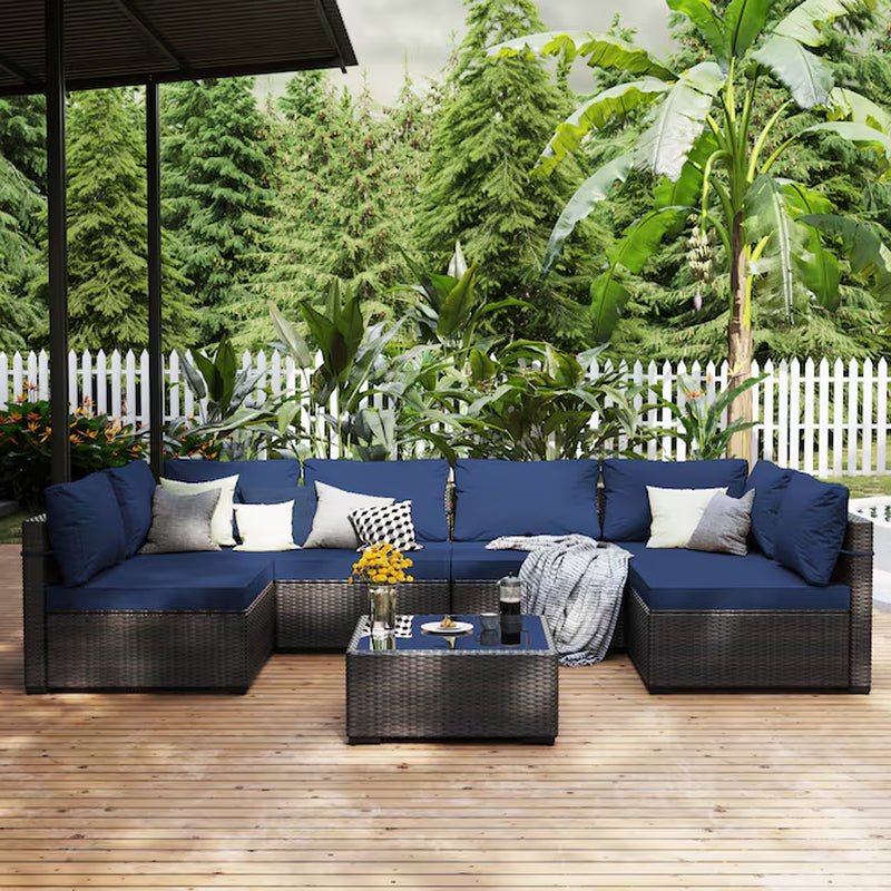 7 -Piece Rattan Patio Conversation Set with Green Cushions - The Vitality Estate