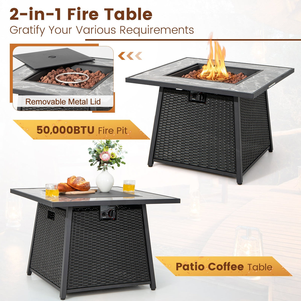7 Pieces Patio Furniture Set with 35 Inches 50000 BTU Propane Gas Fire Pit Table and Waterproof Cover for Firpit-Beige - The Vitality Estate