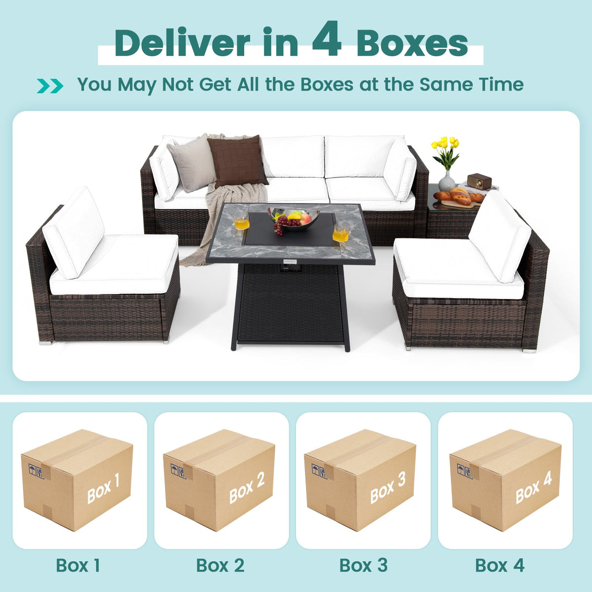 7 Pieces Patio Furniture Set with 35 Inches 50000 BTU Propane Gas Fire Pit Table and Waterproof Cover for Firpit-Beige - The Vitality Estate