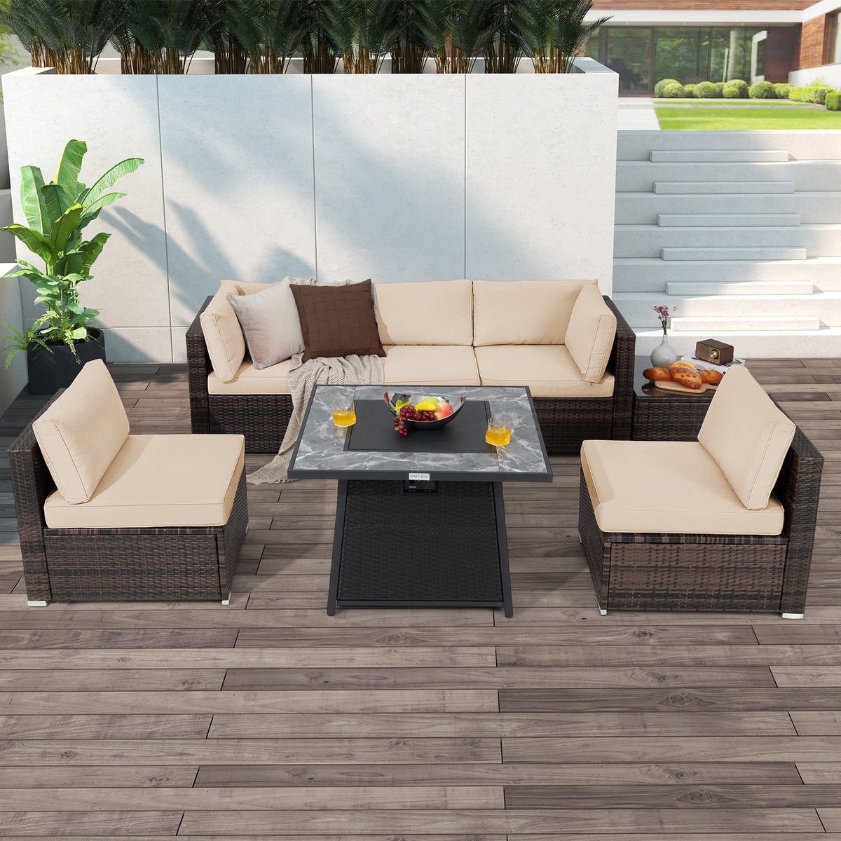 7 Pieces Patio Furniture Set with 35 Inches 50000 BTU Propane Gas Fire Pit Table and Waterproof Cover for Firpit-Beige - The Vitality Estate