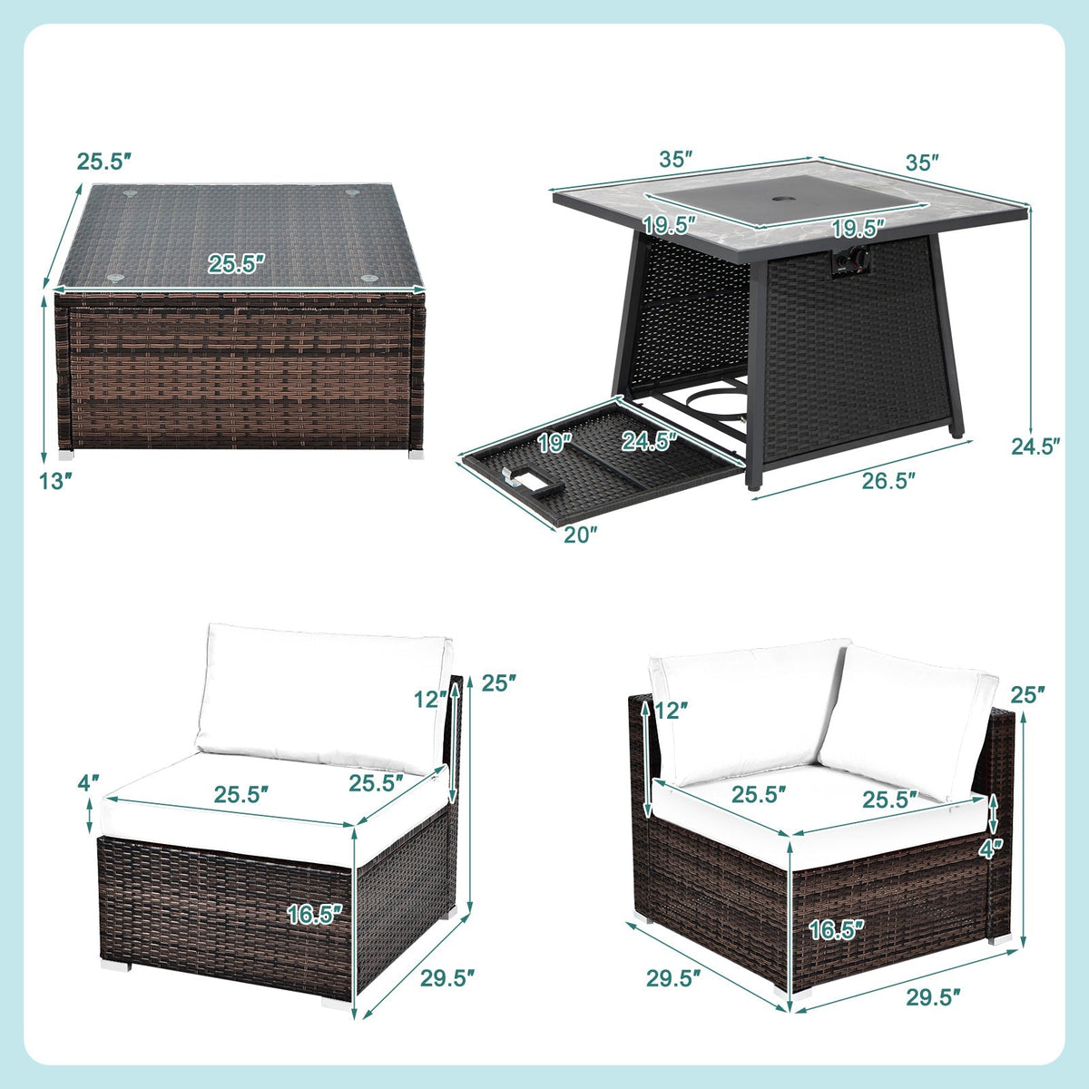 7 Pieces Patio Furniture Set with 35 Inches 50000 BTU Propane Gas Fire Pit Table and Waterproof Cover for Firpit-Beige - The Vitality Estate