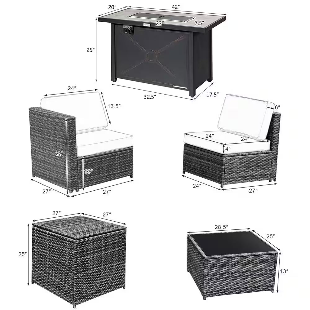 9-Pieces Patio Rattan Furniture Set Fire Pit Table Storage Black with Cover off White - The Vitality Estate