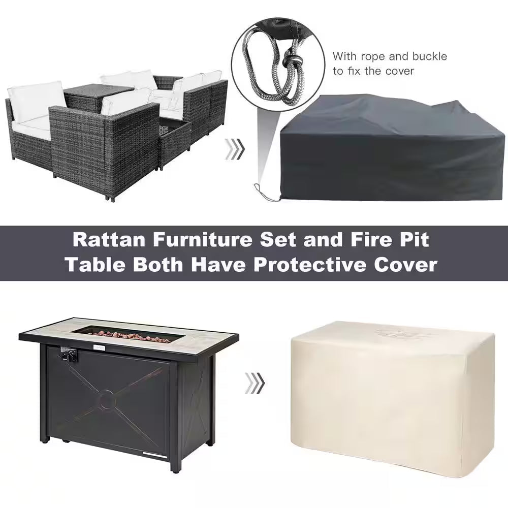 9-Pieces Patio Rattan Furniture Set Fire Pit Table Storage Black with Cover off White - The Vitality Estate