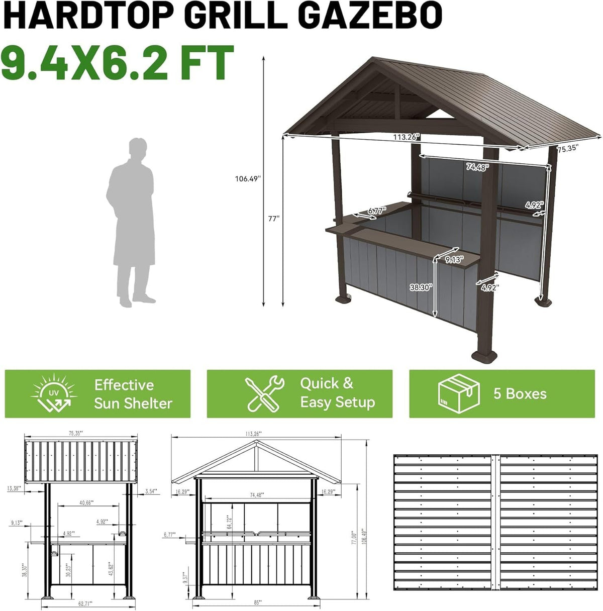9.4x6.2 FT Hardtop Grill Gazebo with Storage Shelves & Resin Shade System - The Vitality Estate