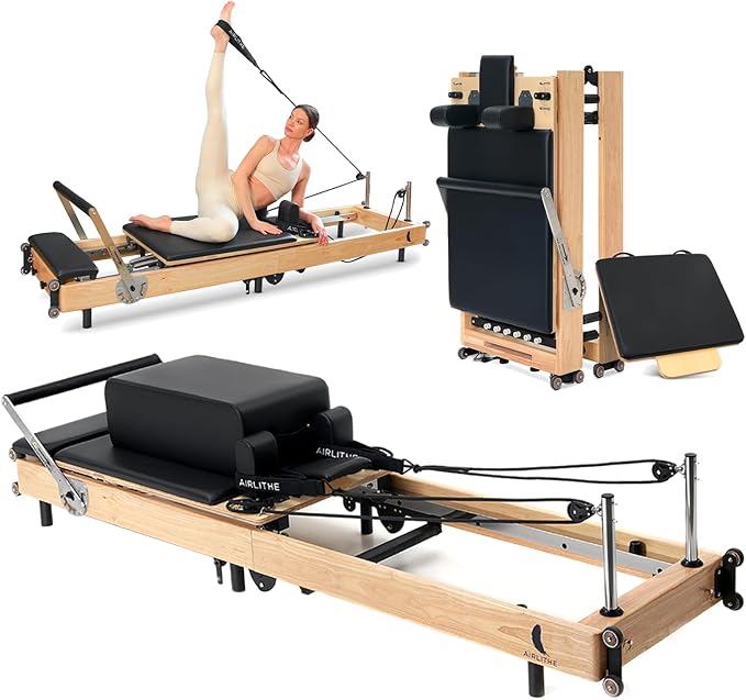 Airlithe Foldable Pilates Reformer Machine|Wooden Frame Reformer Machine with Strings, Versatile Accessories & 50+ Expert-Guided Workouts|Equipment for Strength Training, Rehabilitation, & Flexibility - The Vitality Estate