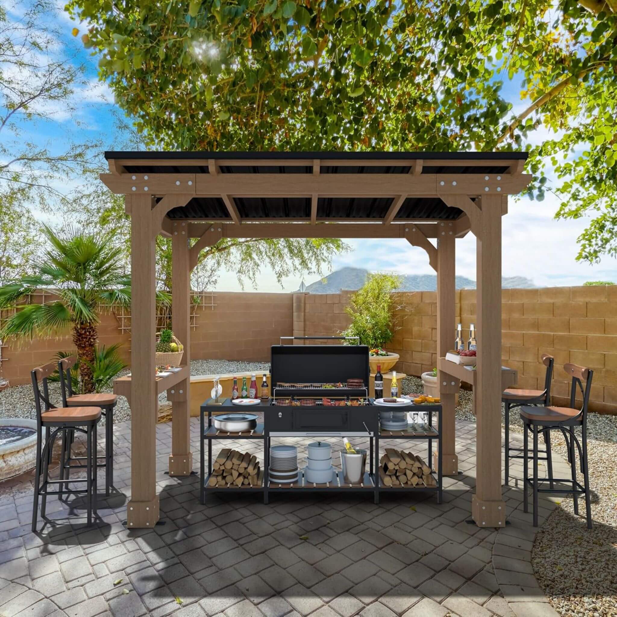 Alora Heavy-Duty Premium Wooden Grill Gazebo With Sloped Metal Roof (SAK61583) - The Vitality Estate