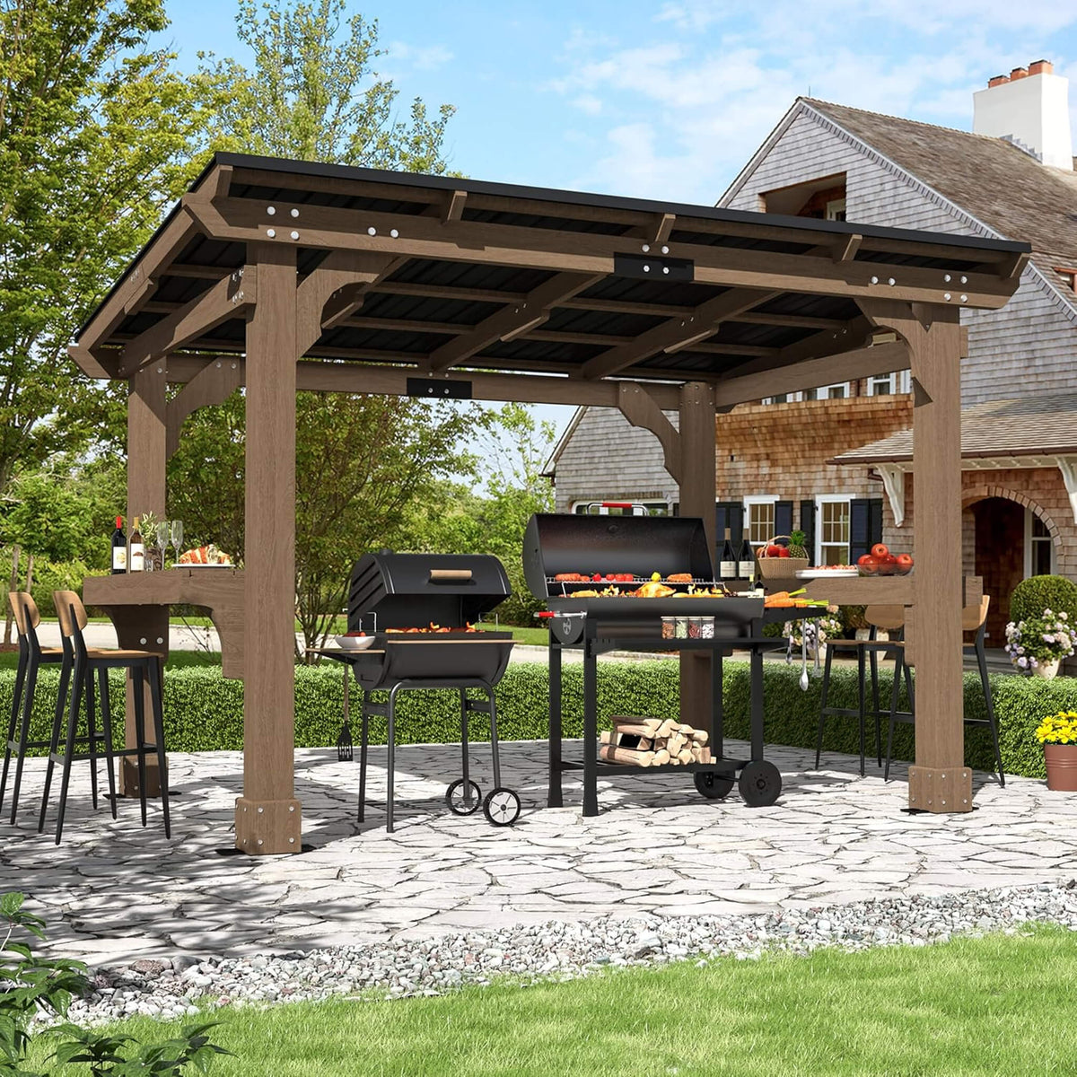 Alora Heavy-Duty Premium Wooden Grill Gazebo With Sloped Metal Roof (SAK61583) - The Vitality Estate