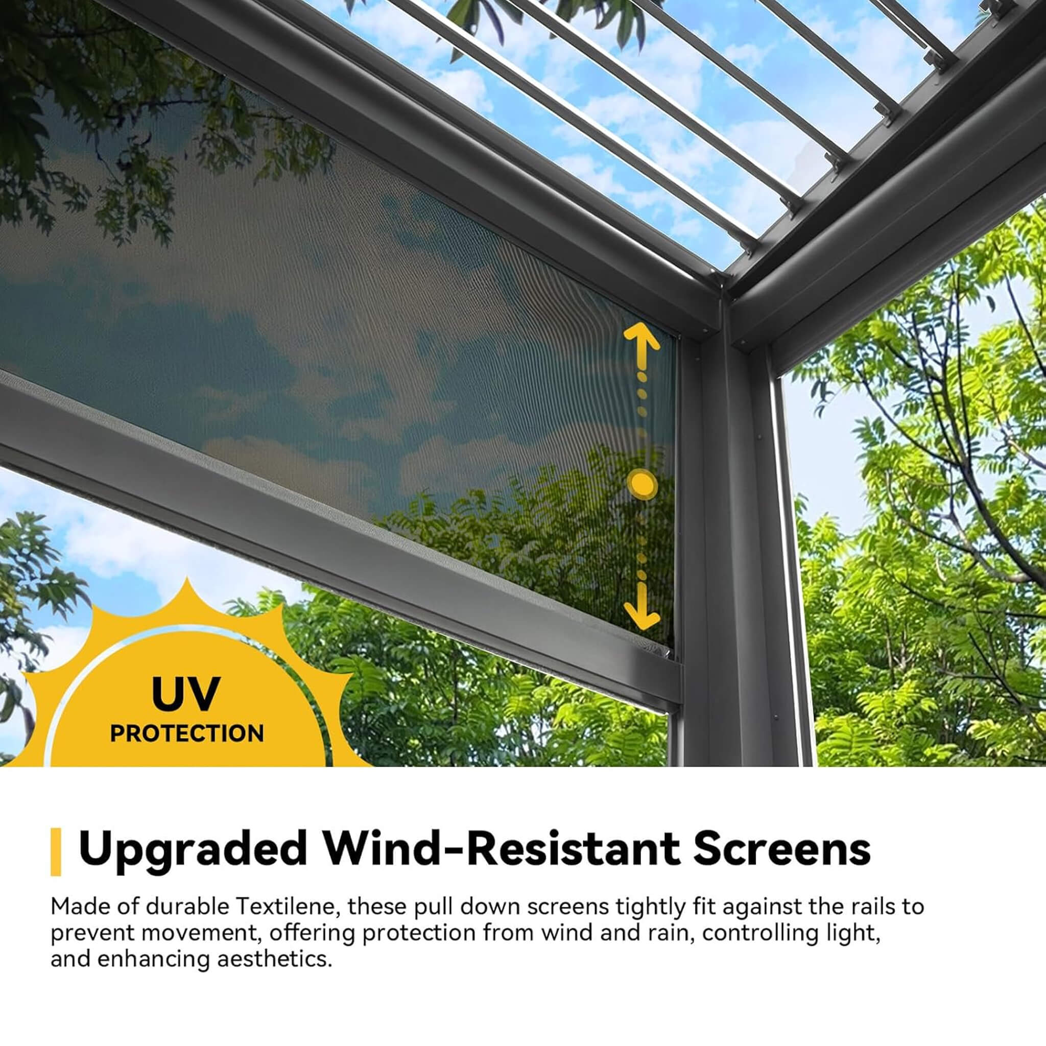 Alora Luxury Wall-Mounted Aluminum Louvered Pergola With Pull-Down Screens (SAK91537) - The Vitality Estate