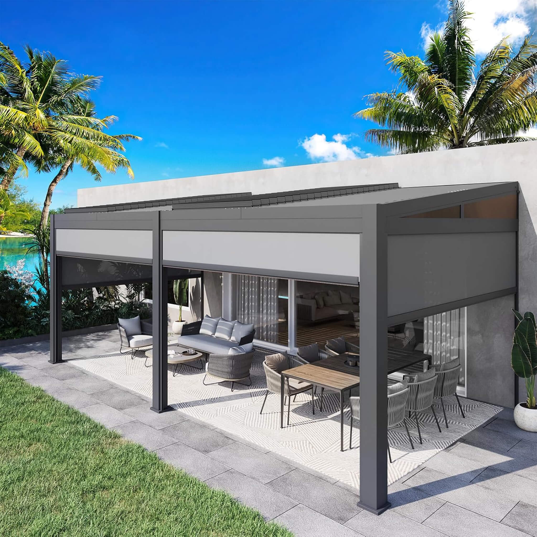 Alora Luxury Wall-Mounted Aluminum Louvered Pergola With Pull-Down Screens (SAK91537) - The Vitality Estate