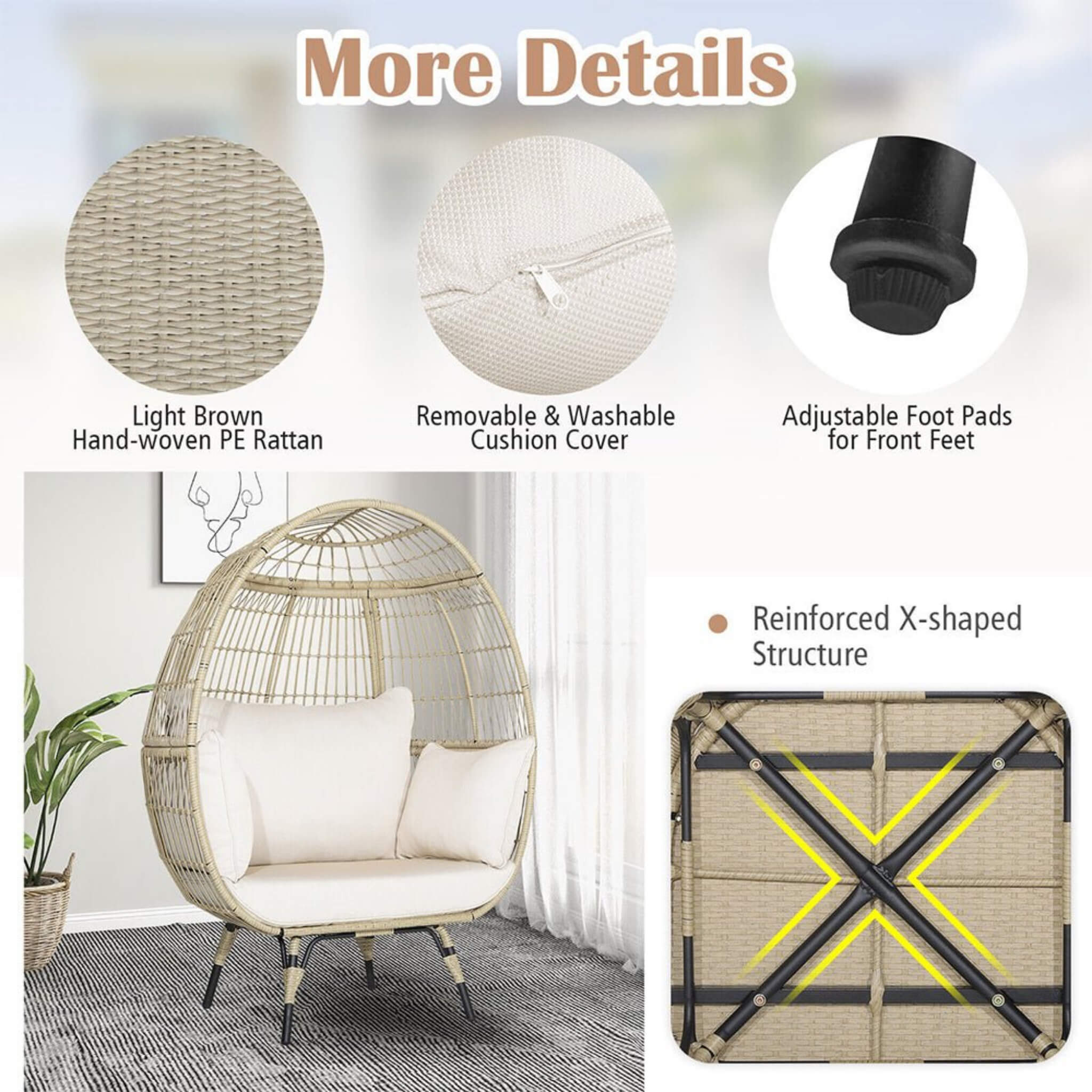 Alora Premium 57-Inch Oversized Rattan Patio Egg Lounge Chair Basket With Cushions (SAK91684) - The Vitality Estate