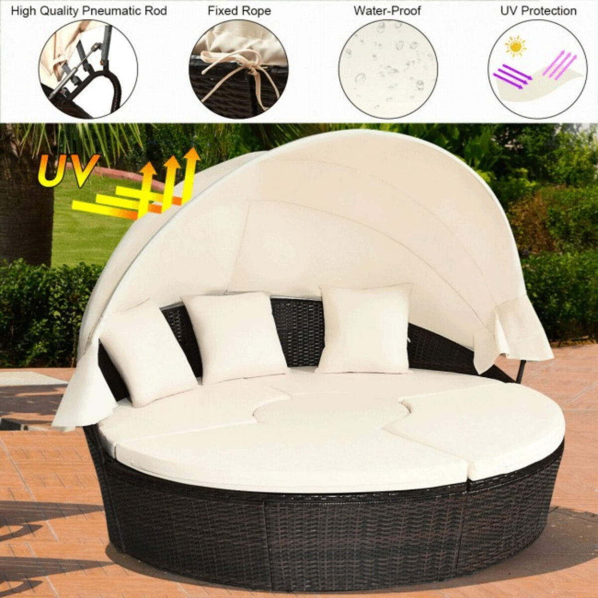 Alora Premium 76-Inch Round Outdoor Patio Rattan Daybed W/ Canopy & Table (SAK96418) - The Vitality Estate