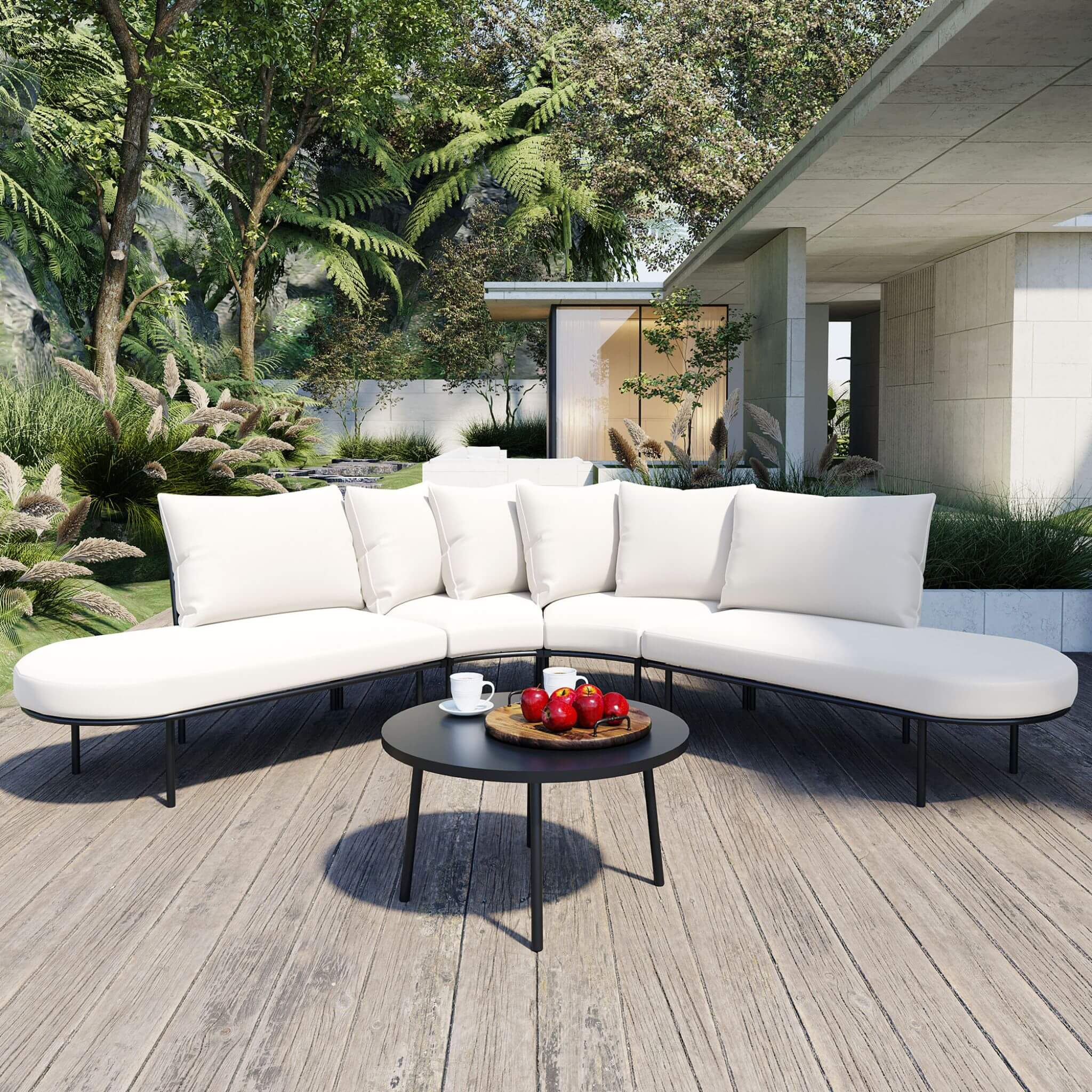 Alora Premium Half-Moon 6-Person Curved All-Weather Outdoor Furniture Sofa Patio Set With Coffee Table And Cushions (SAK76332) - The Vitality Estate