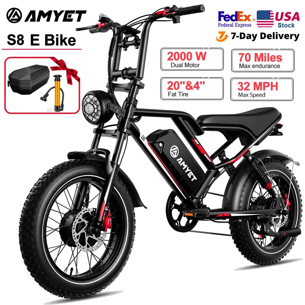 AMYET S8 Adults Electric Bike 2000W Dual Motor Bicycle 48V 25AH Battery 20" Ebike Electric E Bikes Mountain Moped Ebikes - The Vitality Estate
