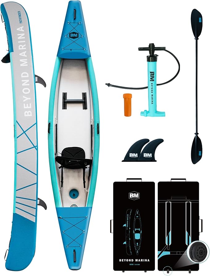BEYOND MARINA Inflatable Kayak 1 & 2 & 3 Person Adult- Full Drop Stitch Kayak with Aluminum Paddles, Seats, Footrests, Pump, Fins - The Vitality Estate