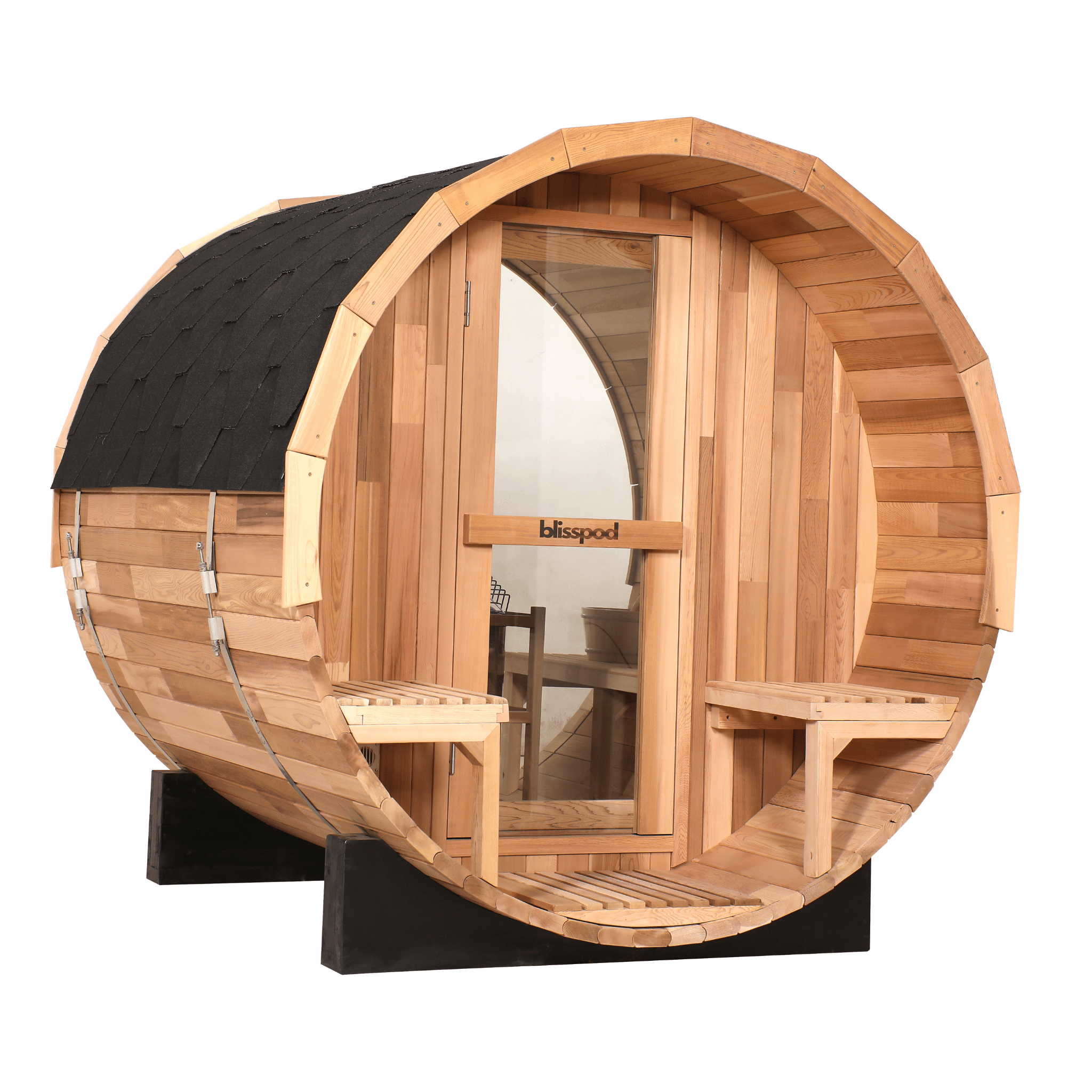 Blisspod, Prague, Canadian Red Cedar Outdoor Steam Barell Sauna, 2-4 / 4-6 persons with Full Glass Back & 2 front Porch seats - The Vitality Estate