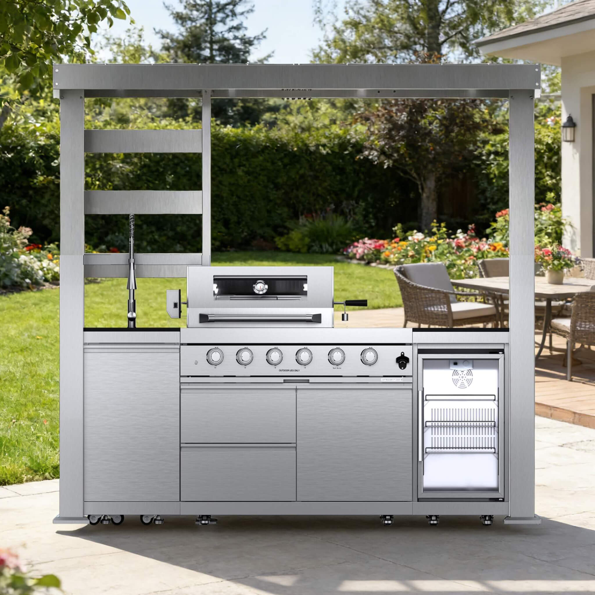 Castelle Flame Amalfi 97-Inch 4-Burner 72K BTU LP Outdoor Kitchen Grill Island With Wine Cooler, Rotisserie, Cabinets, And Granite Countertops (SAK70319) - The Vitality Estate