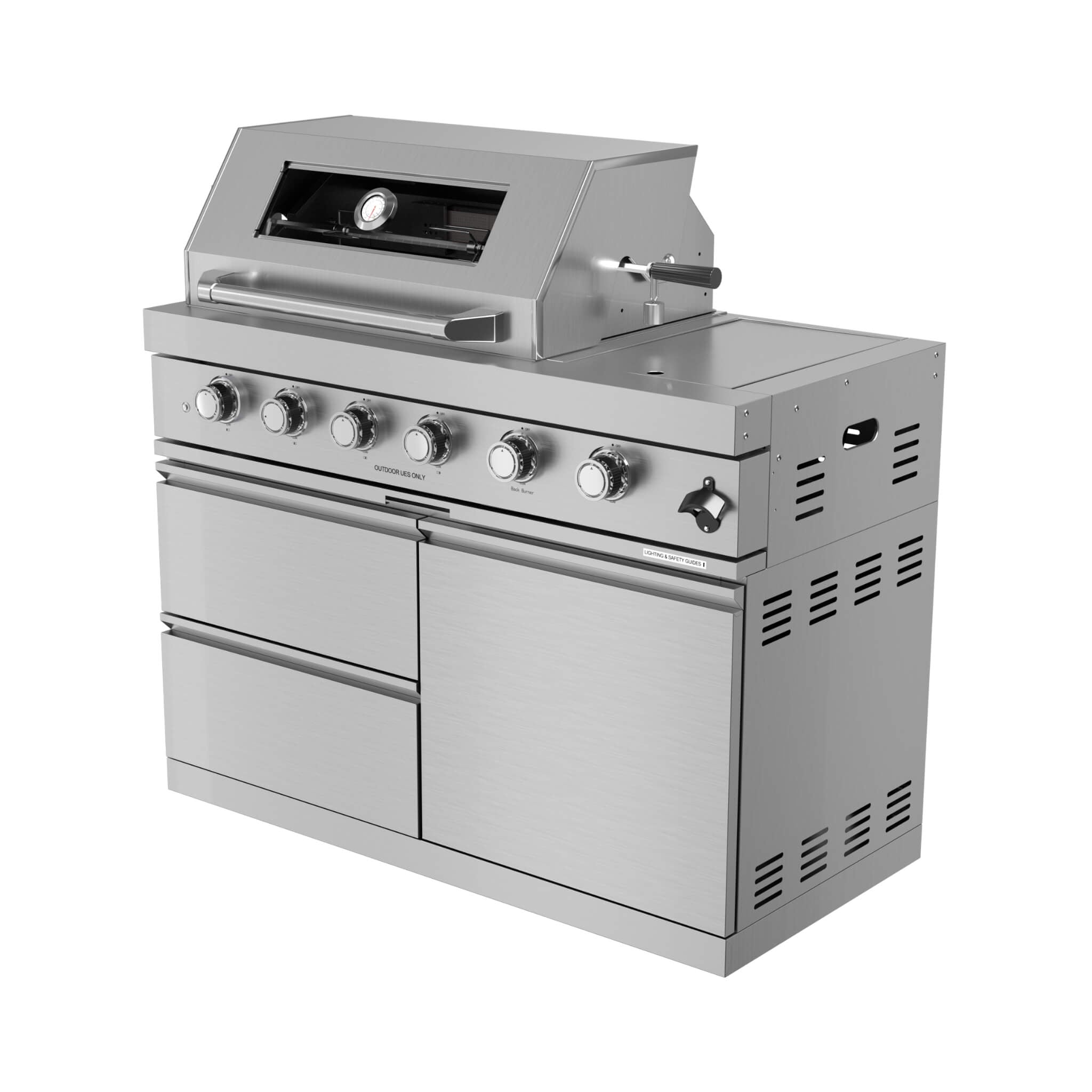 Castelle Flame Amalfi 97-Inch 4-Burner 72K BTU LP Outdoor Kitchen Grill Island With Wine Cooler, Rotisserie, Cabinets, And Granite Countertops (SAK70319) - The Vitality Estate