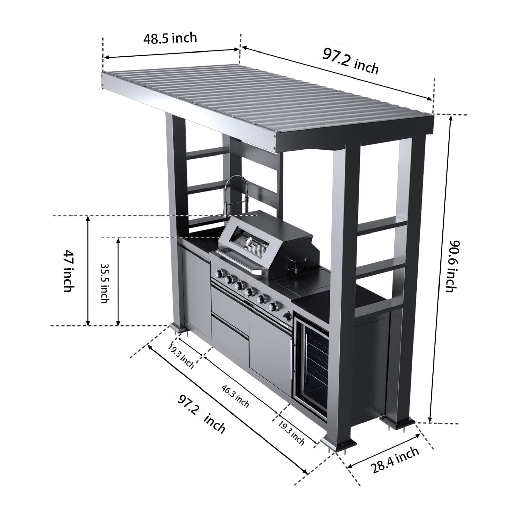 Castelle Flame Amalfi 97-Inch 4-Burner 72K BTU LP Outdoor Kitchen Grill Island With Wine Cooler, Rotisserie, Cabinets, And Granite Countertops (SAK70319) - The Vitality Estate