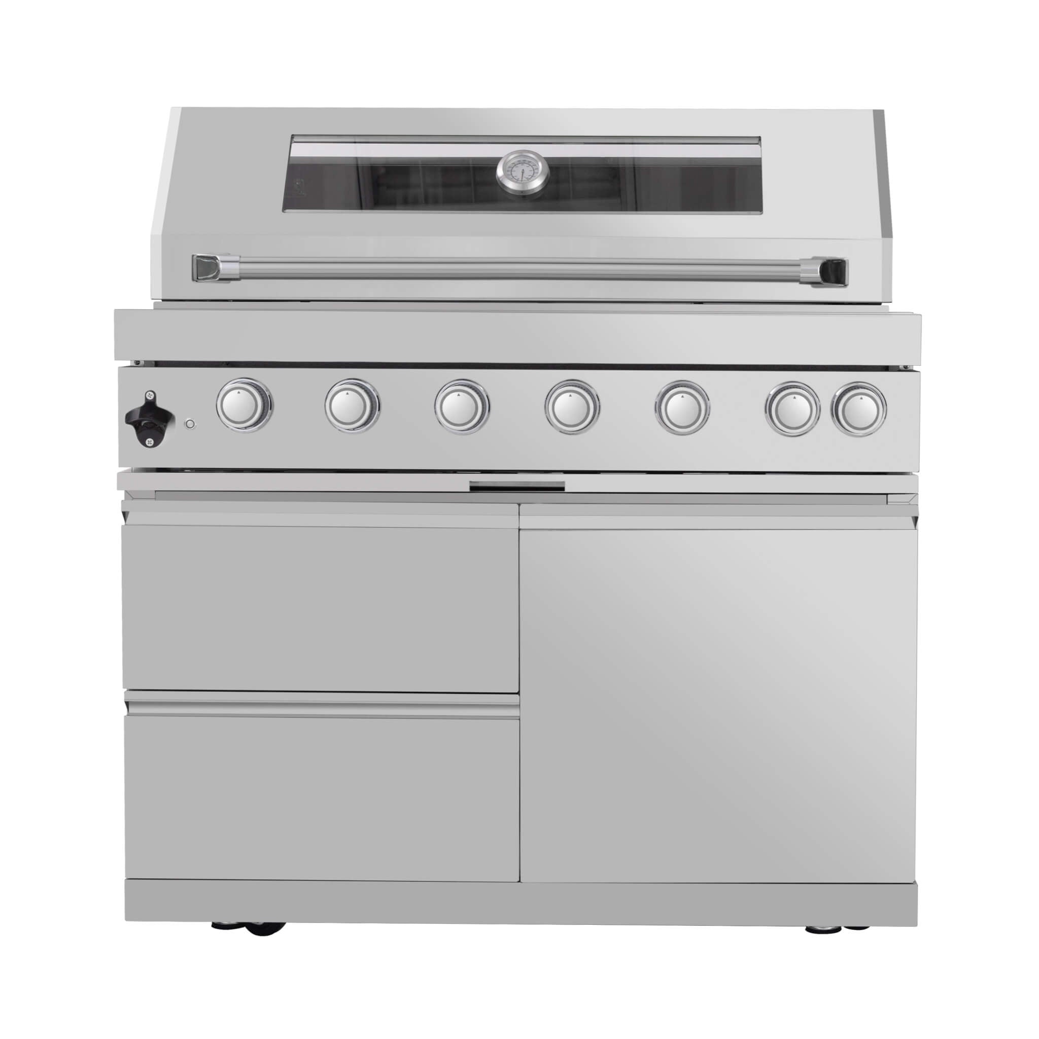 Castelle Flame Astoria 94-Inch 6-Burner 85K BTU Outdoor Kitchen Grill Island With Wine Cooler, Rotisserie, Cabinets, And Granite Countertops (SAK68014) - The Vitality Estate