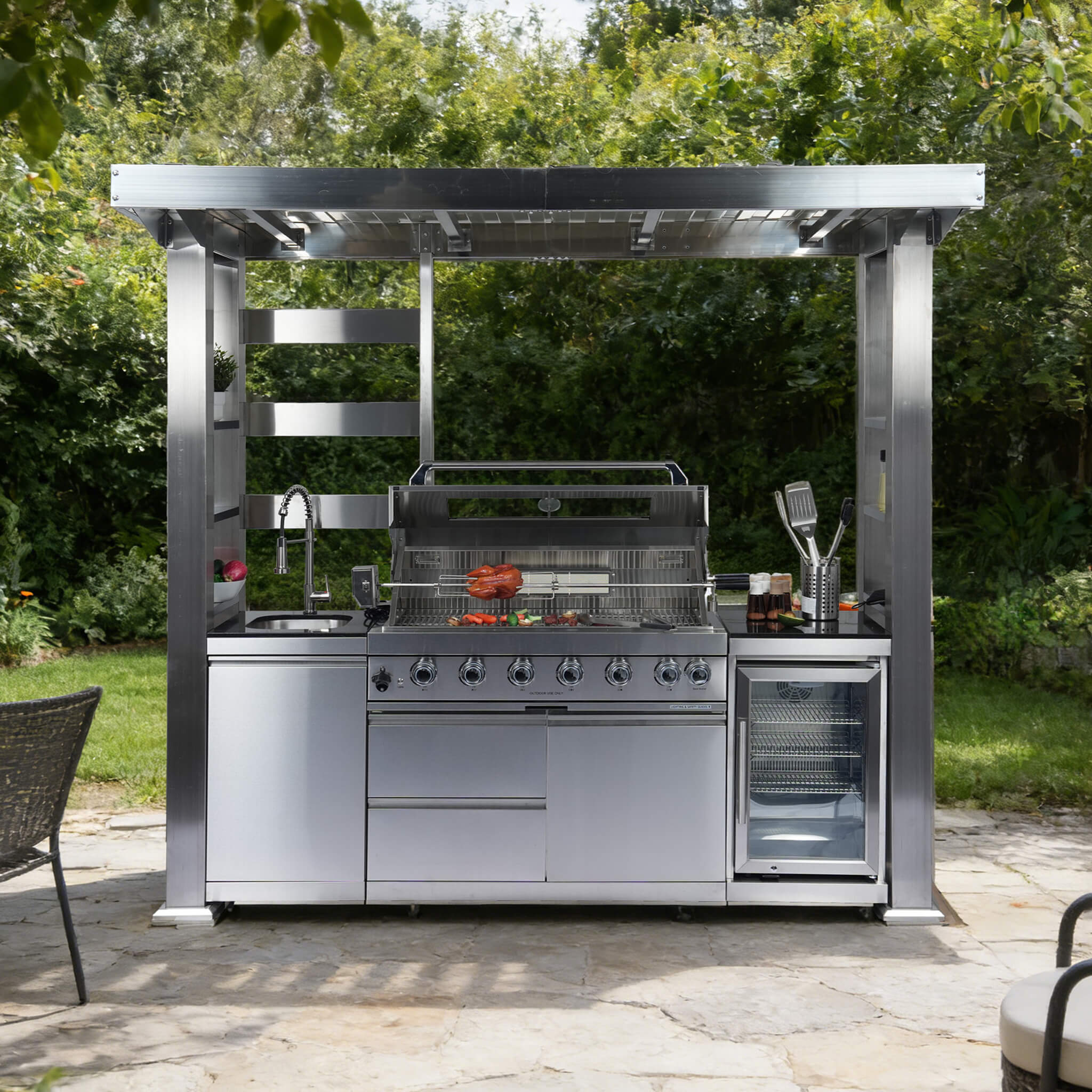 Castelle Flame Astoria 94-Inch 6-Burner 85K BTU Outdoor Kitchen Grill Island With Wine Cooler, Rotisserie, Cabinets, And Granite Countertops (SAK68014) - The Vitality Estate