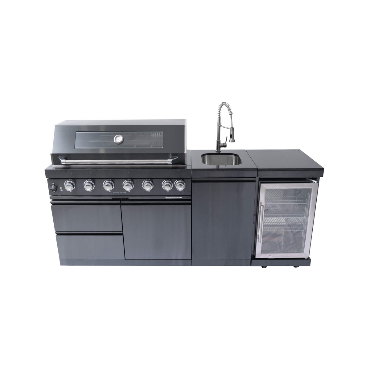 Castelle Flame Avalon 43-Inch 6-Burner 85K BTU Outdoor BBQ Kitchen Grill Island With Wine Fridge, Rotisserie Kit, And Sink (SAK23864) - The Vitality Estate