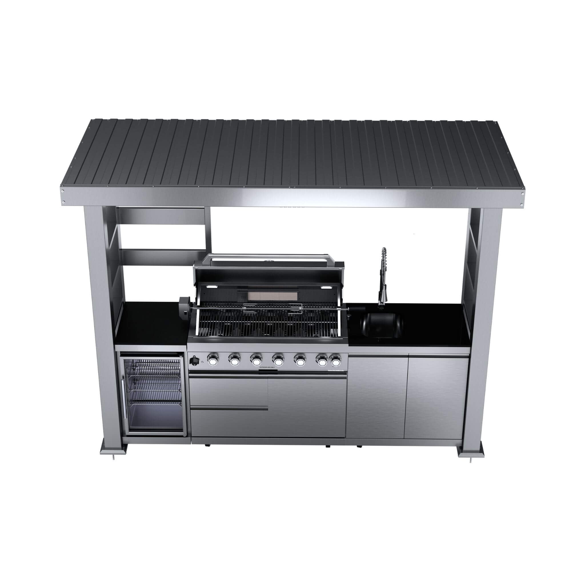 Castelle Flame Blaze 108-Inch 6-Burner 85K BTU Deluxe Stainless Steel Liquid Propane Outdoor Kitchen Grill Island With Wine Cooler, Rotisserie, Cabinets, And Granite Countertops (SAK58310) - The Vitality Estate